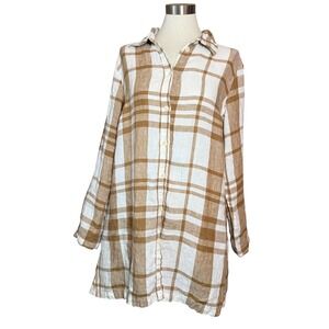 FLAX Women's Linen Plaid Button Down Shirt Dress Tunic Top Size M